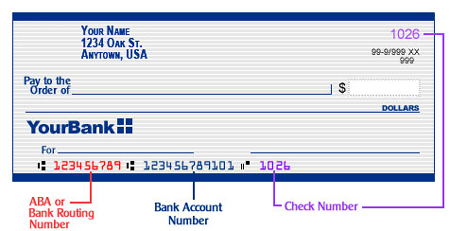 Sample check used to demonstrate location of where your ABA routing number might be.